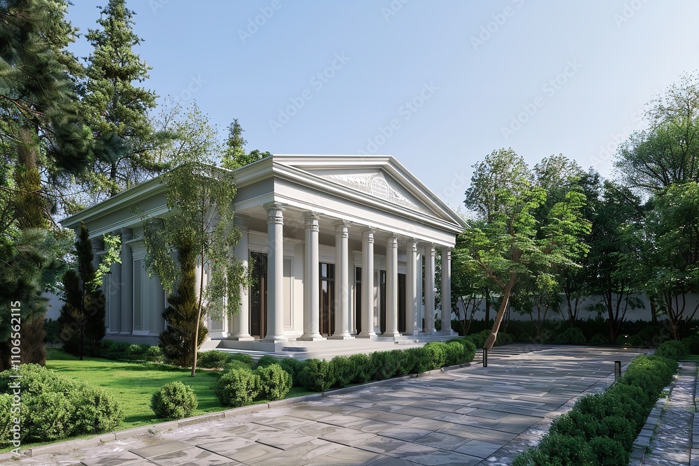 Fototapeta premium Trees and Neoclassical Structures with green field, Generative AI.