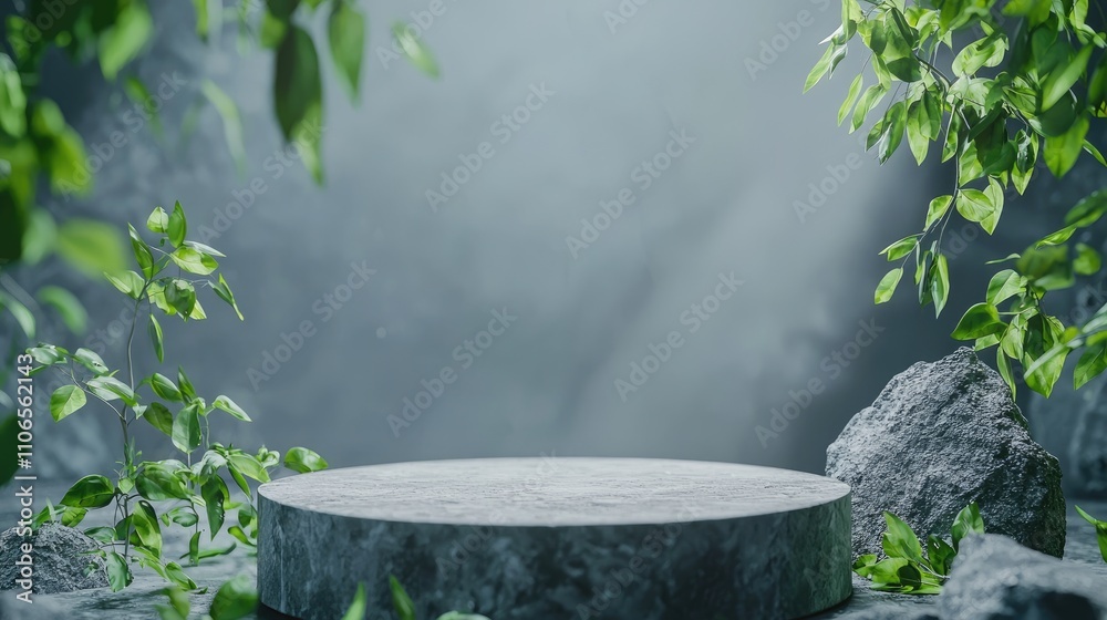 Stone Podium with Green Foliage in a Misty Setting