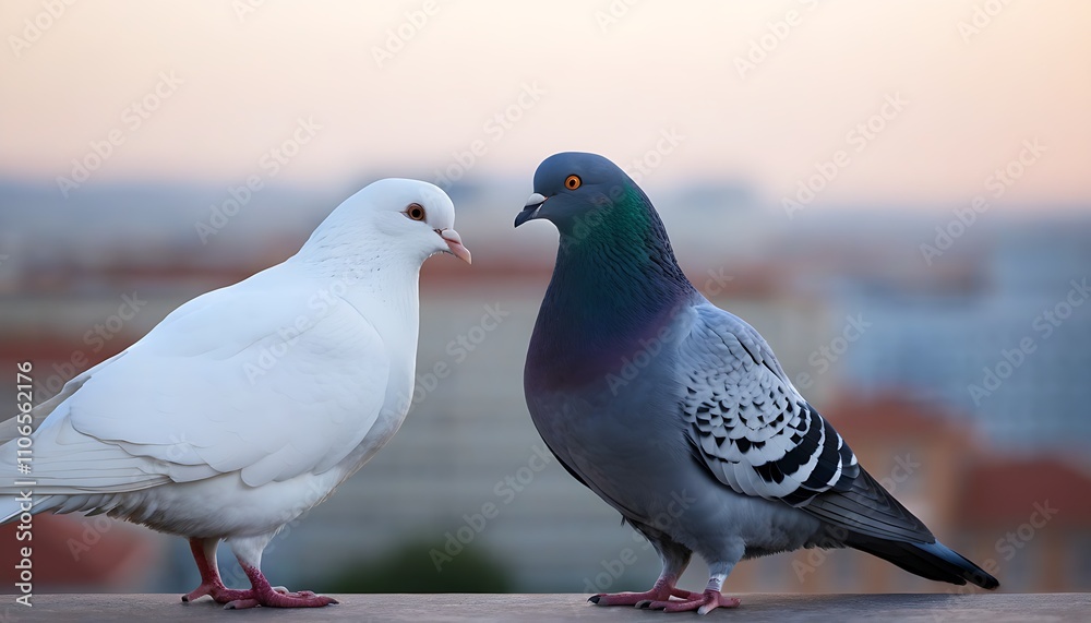 Obraz premium Two pigeons perch in city view, nature-inspired backdrop