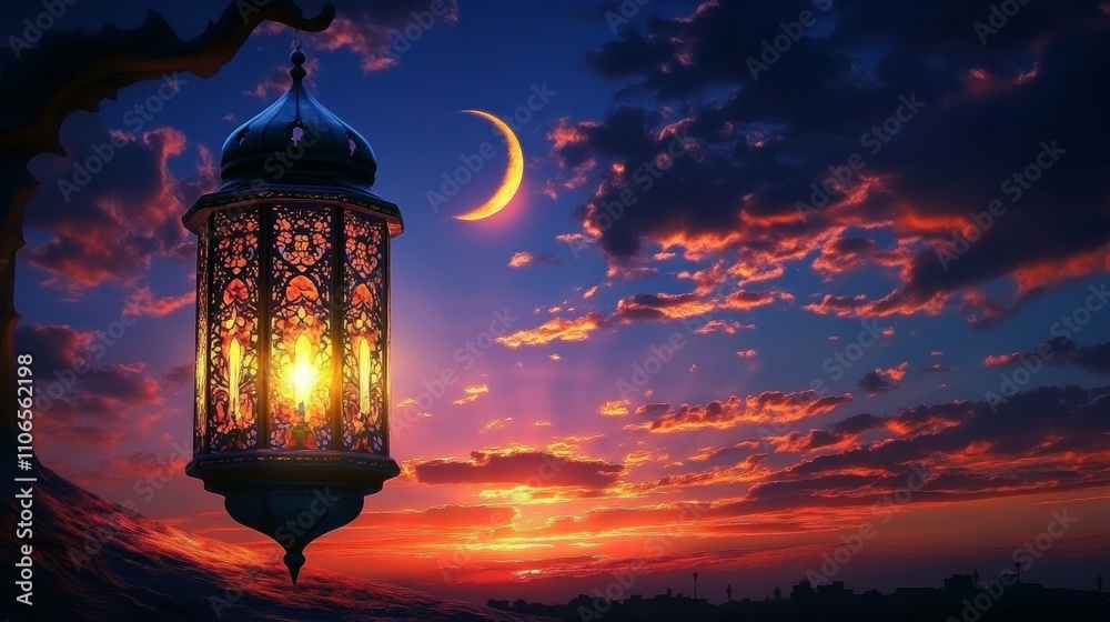 Fototapeta premium Moroccan lantern with candlelight against twilight sky and crescent moon glowing over desert evening