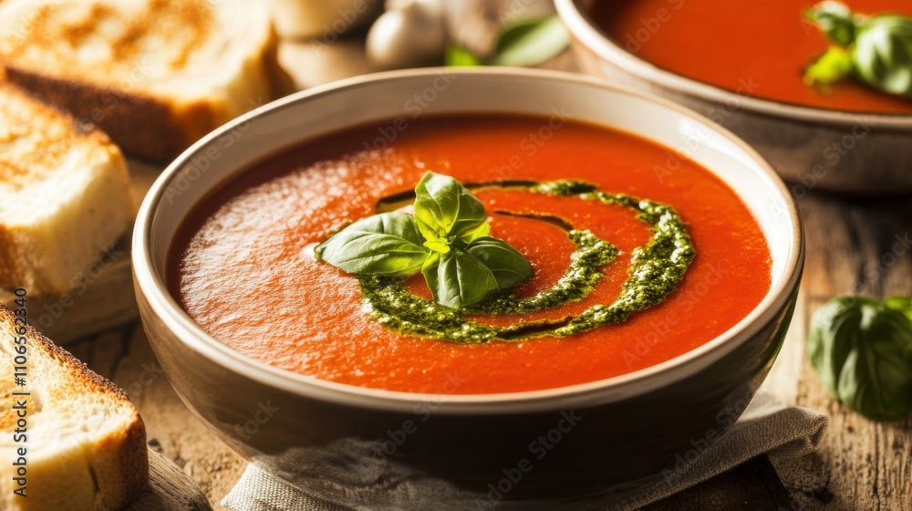 A bowl of creamy tomato soup garnished with a swirl of pesto and served with grilled cheese sandwiches for dipping, Tomato soup bowl centered, Soft ambient lighting creating a cozy atmosphere A bowl of creamy tomato soup garnished with a swirl of pesto and served with grilled cheese sandwiches for dipping, Tomato soup bowl centered, Soft ambient lighting creating a cozy atmosphere