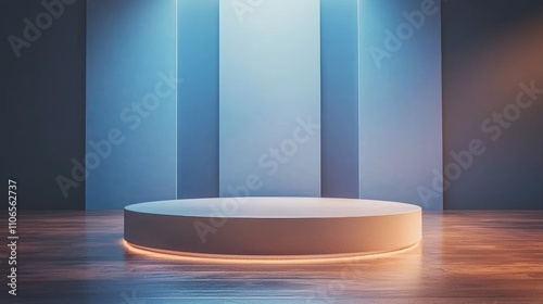 Illuminated Circular Platform Against Blue Wall