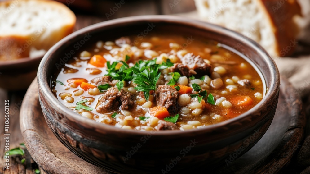 A bowl of hearty beef and barley soup garnished with chopped parsley, Beef and barley soup bowl centered, Soft ambient lighting creating a comforting atmosphere A bowl of hearty beef and barley soup garnished with chopped parsley, Beef and barley soup bowl centered, Soft ambient lighting creating a comforting atmosphere