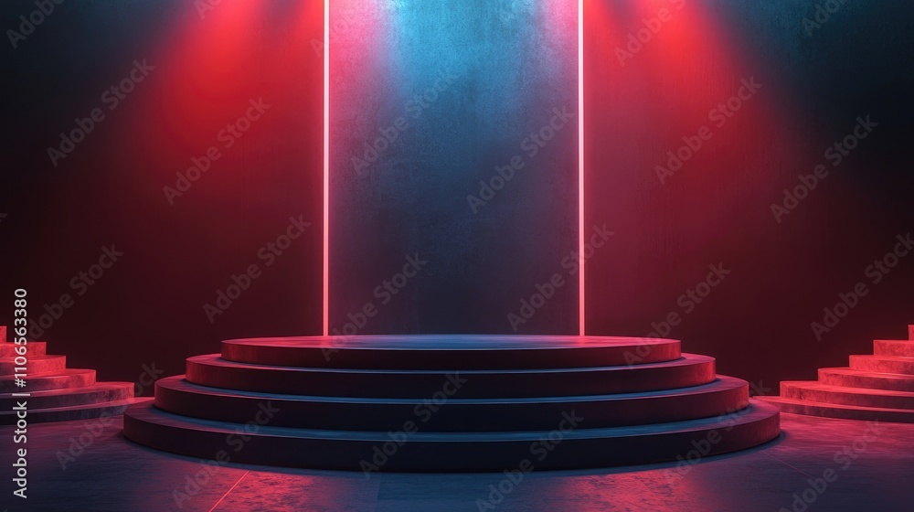 Fototapeta premium Neon-Lit Circular Platform with Stairs in a Dark Room