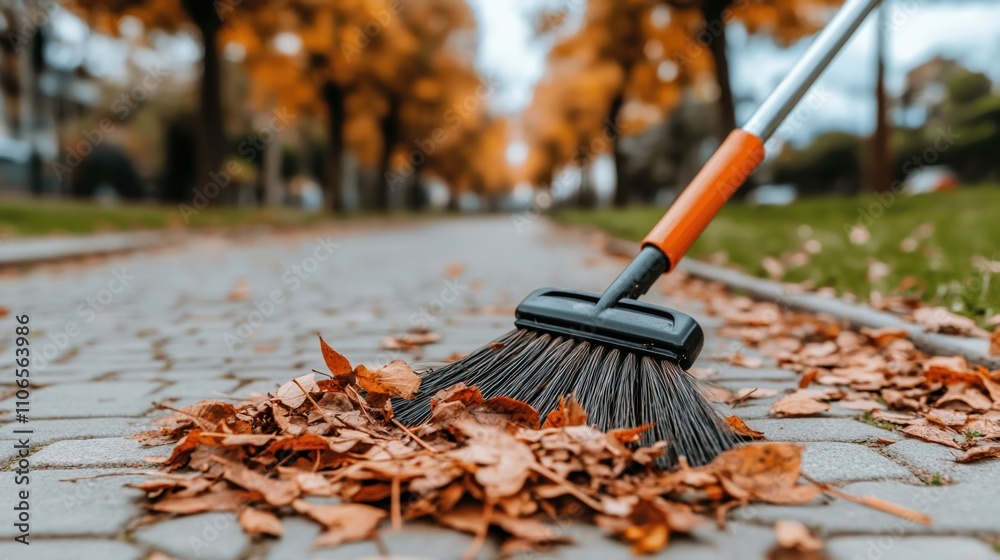 custom made wallpaper toronto digitalMinimalist broom sweeping autumn leaves on a stone path in a tranquil outdoor setting