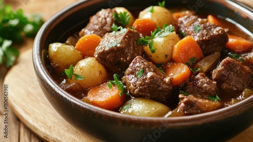 A bowl of hearty beef stew filled with tender chunks of meat, carrots, potatoes