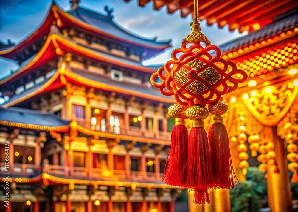 Obraz premium Beautiful Architectural Photography of a Chinese New Year Pendant Featuring a Traditional Chinese Knot Tassel, Perfect for Celebrating Cultural Heritage and Festivities