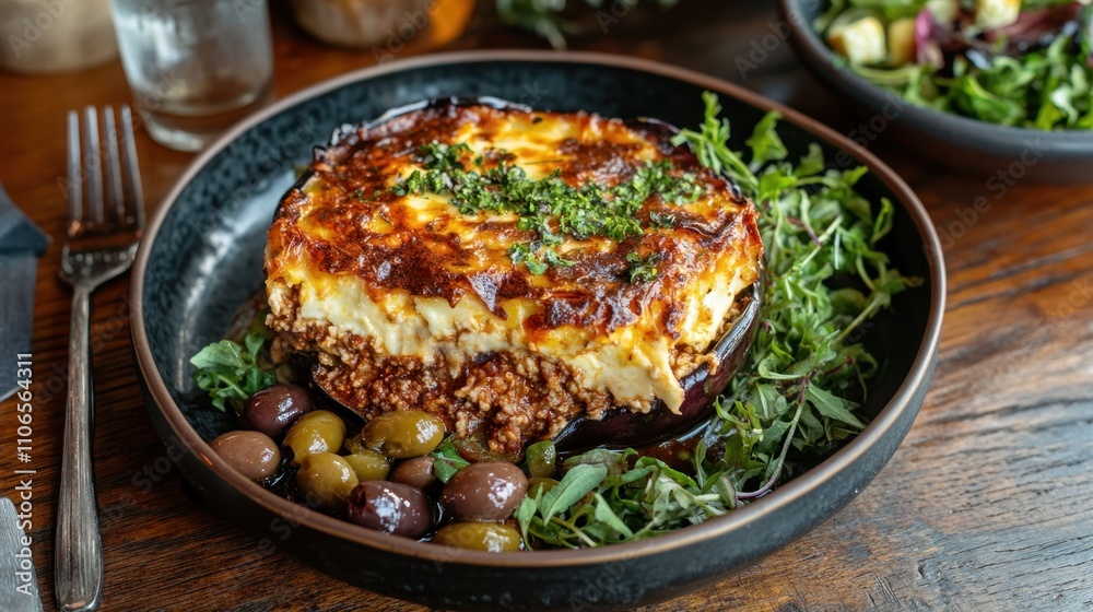 Greek moussaka with layers of eggplant, ground meat, and béchamel sauce, served with a Greek salad and olives Greek moussaka with layers of eggplant, ground meat, and béchamel sauce, served with a Greek salad and olives