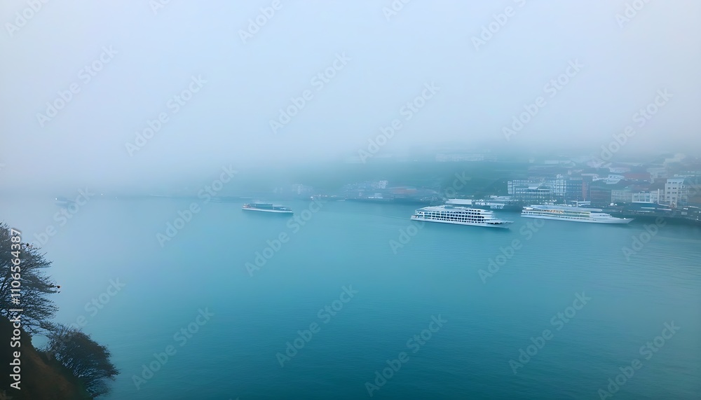 Tranquil harbor in the early morning with mist and floating boats Tranquil harbor in the early morning with mist and floating boats