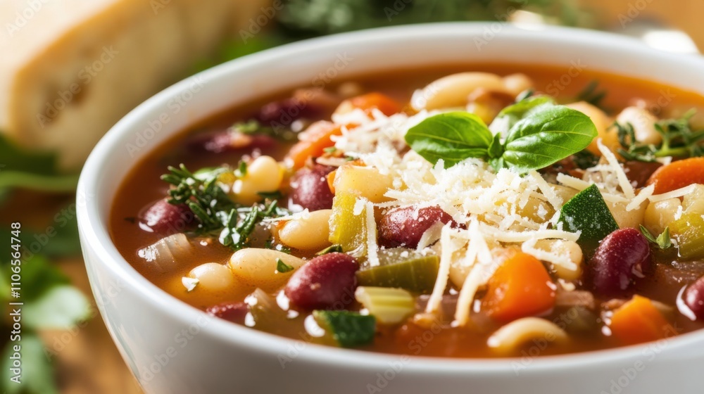 A bowl of hearty minestrone soup filled with beans, pasta, vegetables A bowl of hearty minestrone soup filled with beans, pasta, vegetables