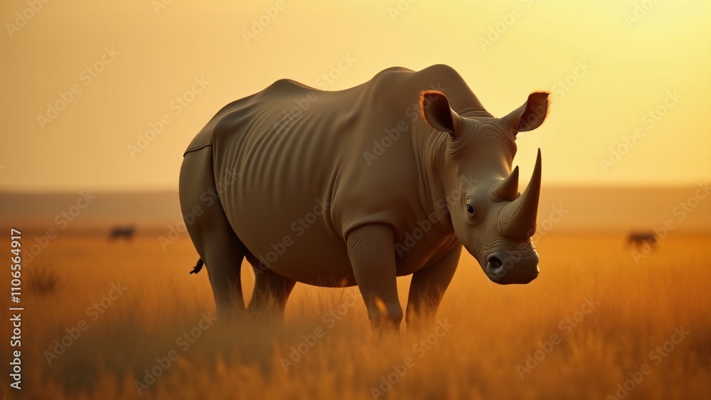 Obraz premium A powerful image of a rhinoceros in the wild savanna, with its massive form standing tall against the vast, golden landscape, highlighting its majestic presence.
