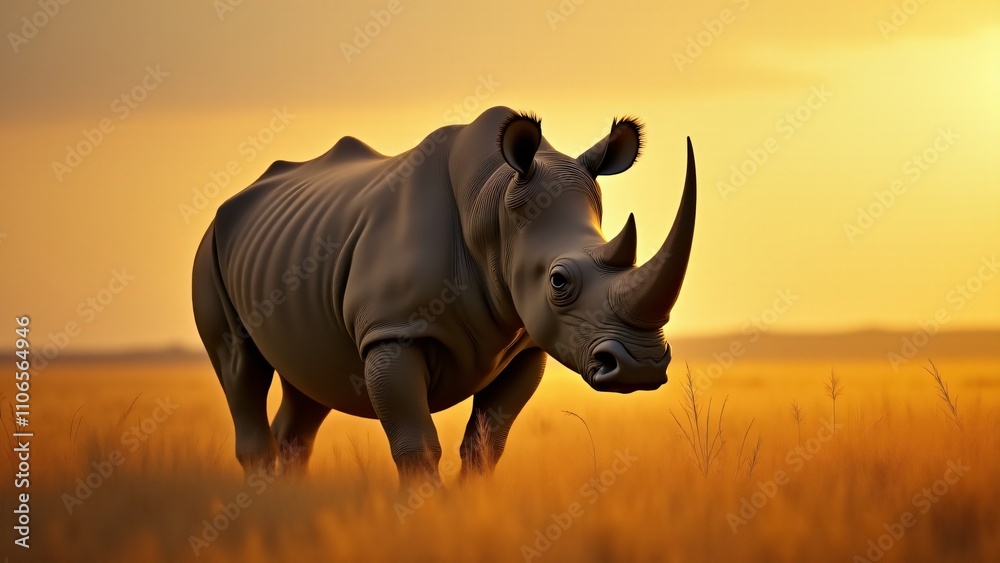 Obraz premium A powerful image of a rhinoceros in the wild savanna, with its massive form standing tall against the vast, golden landscape, highlighting its majestic presence.