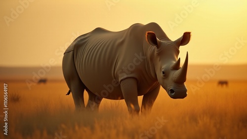 A powerful image of a rhinoceros in the wild savanna, with its massive form standing tall against the vast, golden landscape, highlighting its majestic presence. photo