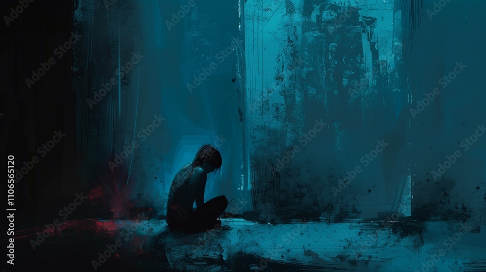 Lone figure huddled in a dimly lit, blue-tinged space. Conveying feelings of loneliness, vulnerability, and introspection concept Lone figure huddled in a dimly lit, blue-tinged space. Conveying feelings of loneliness, vulnerability, and introspection concept