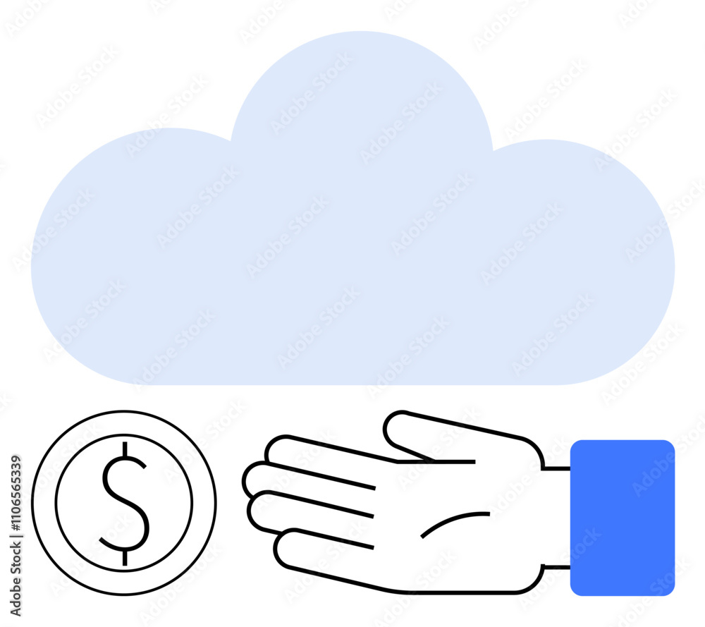 Hand reaching out to receive a coin, set against a blue cloud, illustrating finance, technology, and services. Ideal for fintech, banking, online transactions, cloud computing economy virtual Hand reaching out to receive a coin, set against a blue cloud, illustrating finance, technology, and services. Ideal for fintech, banking, online transactions, cloud computing economy virtual