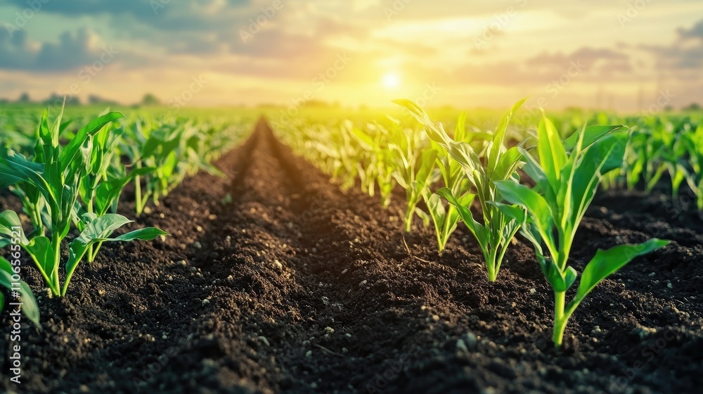 Lush Green Cornfield at Sunset with Vibrant Sky and Soil Lush Green Cornfield at Sunset with Vibrant Sky and Soil
