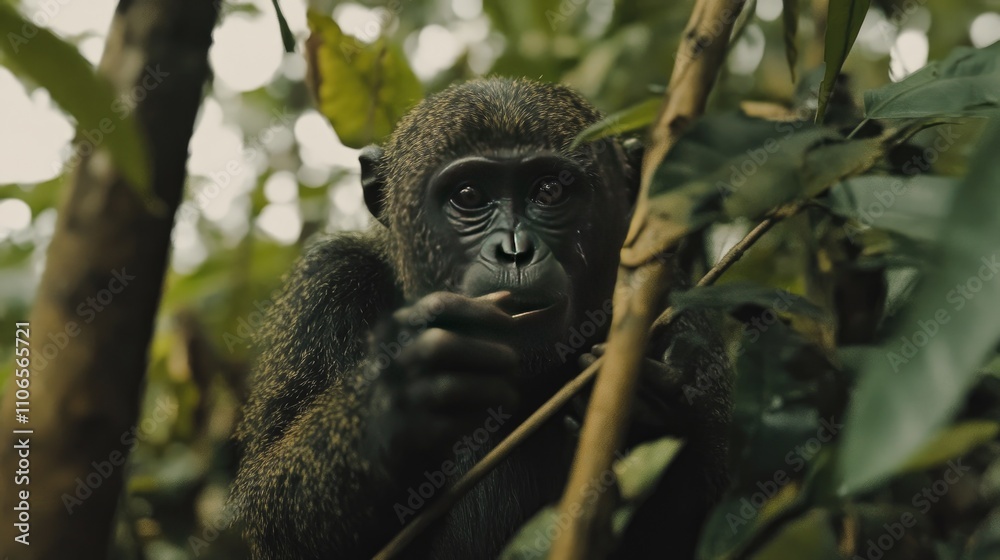 Obraz premium Captivating Close-Up of a Gorilla in a Lush Rainforest Setting