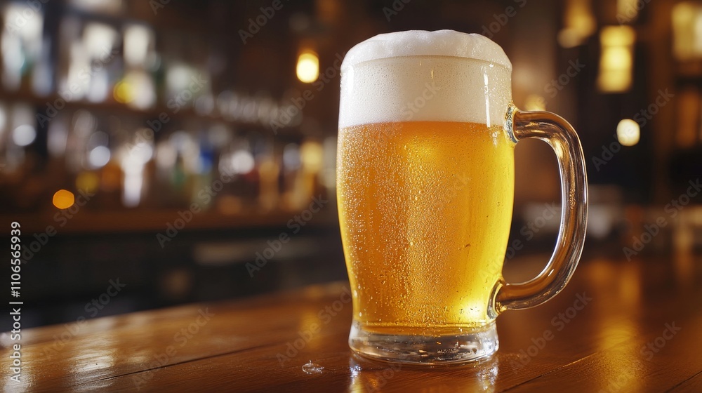 Cold beer A close-up view of steamed mug with foam overflowing in a bar on wooden table a desk Cold beer A close-up view of steamed mug with foam overflowing in a bar on wooden table a desk