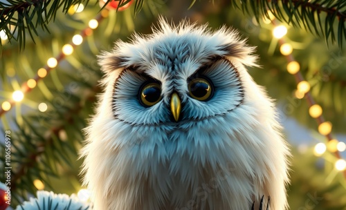 owl christmas Cute fluffy owl under christmas tree with lights  animal, decoration, season, bird photo