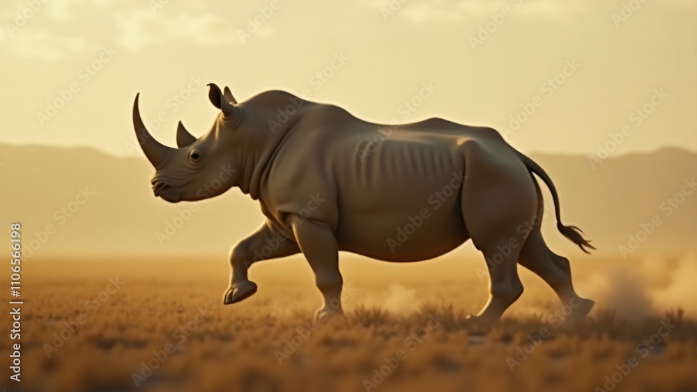 Fototapeta premium A dynamic image of a rhinoceros in motion, capturing its strength and power as it moves through the wild, emphasizing its natural grace despite its size.