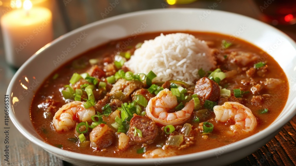 A bowl of spicy seafood gumbo filled with shrimp, crab, andouille sausage A bowl of spicy seafood gumbo filled with shrimp, crab, andouille sausage