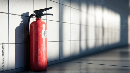 Wallpaper Mural Fire extinguisher mounted on a wall in a bright, modern indoor environment featuring tiled flooring, providing safety equipment in public spaces for fire emergencies and protection. Torontodigital.ca