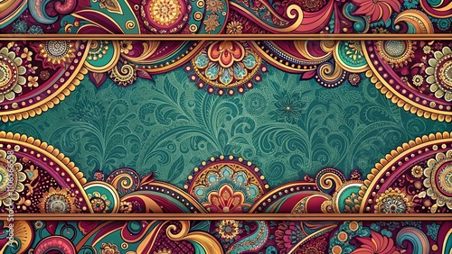 Ornate paisley floral design banner with a teal background