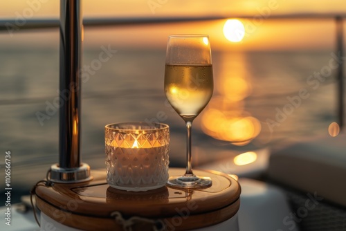 Nauticalthemed yacht deck with white wine and candle at sunset photo