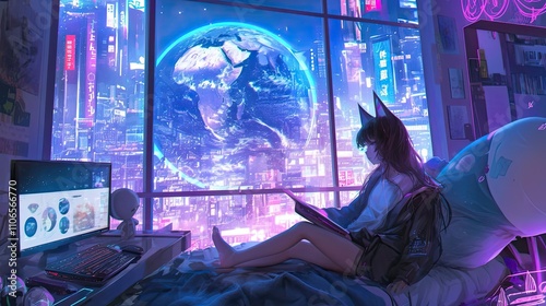 Anime Girl Relaxing Futuristic Cityscape Window View
