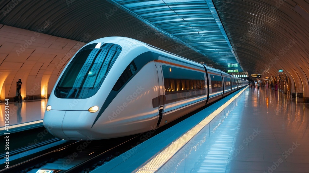 A sleek electric train stands ready at a contemporary transport station. The station's architecture features smooth lines and a bright atmosphere, with passengers preparing for their journey. A sleek electric train stands ready at a contemporary transport station. The station's architecture features smooth lines and a bright atmosphere, with passengers preparing for their journey.