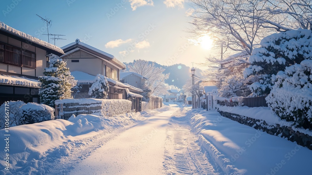 雪が積もった日本の住宅街 雪が積もった日本の住宅街