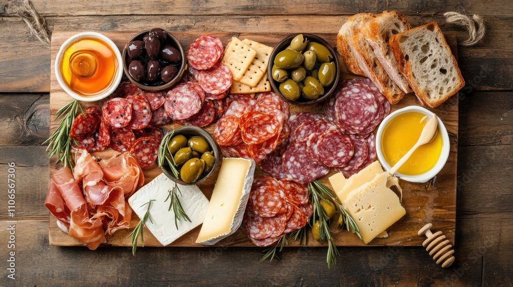 A classic charcuterie board showcasing an assortment of cured meats, cheeses, olives