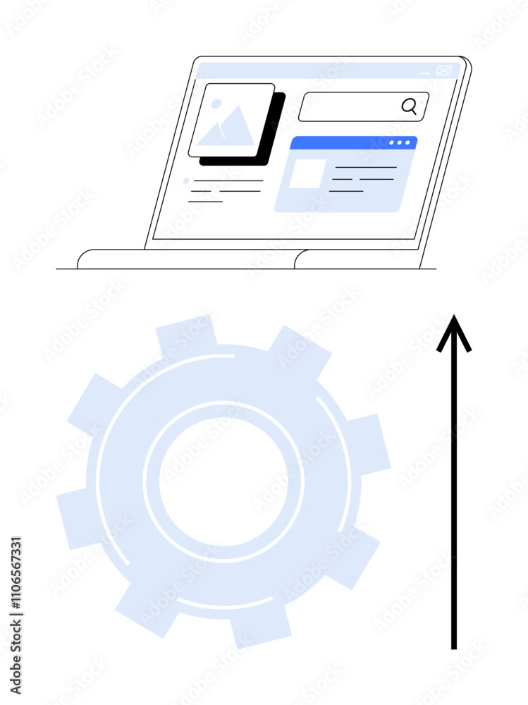 Laptop screen gear upward arrow suggest digital progress and growth. Ideal for technology, innovation, efficiency, development, online platforms, search engines, transformation. Line metaphor Laptop screen gear upward arrow suggest digital progress and growth. Ideal for technology, innovation, efficiency, development, online platforms, search engines, transformation. Line metaphor