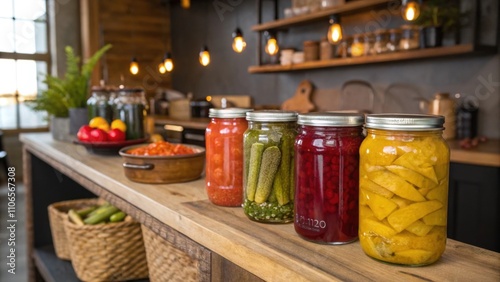 Inviting display of colorful jars filled with housemade preserves and pickles offering guests a taste of seasonal flavors yearround. photo