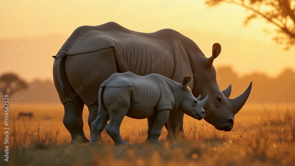 Fototapeta premium A heartwarming scene of a rhinoceros mother and calf, capturing the protective bond and gentle nature between them in the wild.