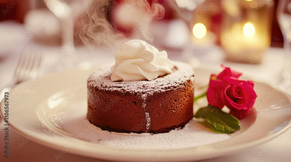 Delicious Chocolate Cake with Whipped Cream and Fresh Rose Flower Delicious Chocolate Cake with Whipped Cream and Fresh Rose Flower