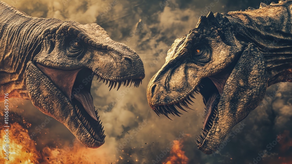 Obraz premium Two dinosaurs face each other in a fiery showdown.