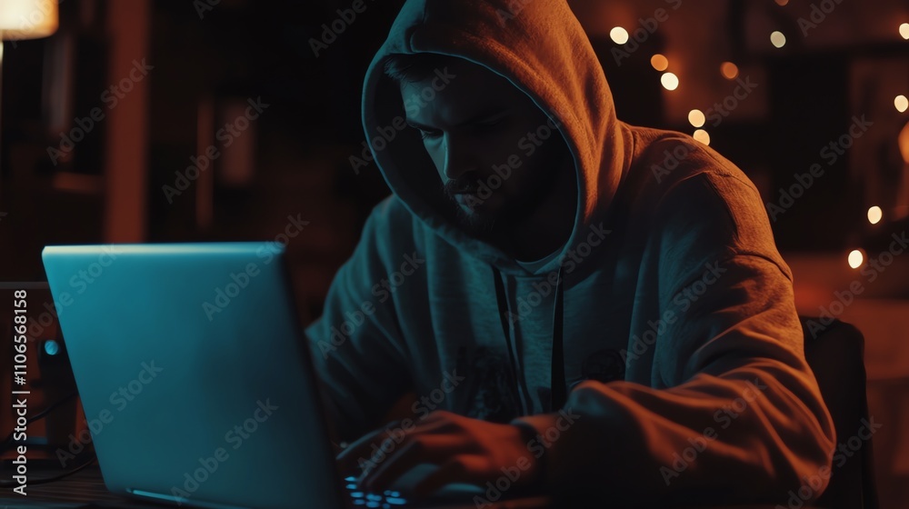 A young man in a hoodie works on a laptop at night. A young man in a hoodie works on a laptop at night.
