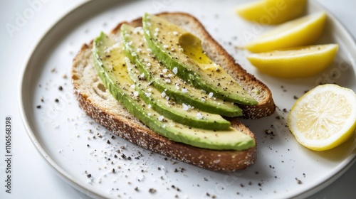 A clean-cut avocado toast sprinkled with sea salt and black pepper, Minimalist backdrop, Toast centered