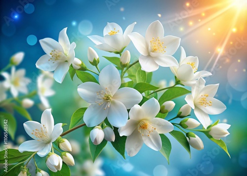 Beautiful Jasmine Flower Background Illustration with White Jasmine Blooms on a Soft Blue Backdrop, Perfect for Nature-Themed Designs and Floral Patterns