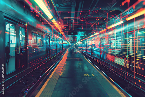 Futuristic motion blur of train moving in subway station with Holographic navigator map control. Public transportation system