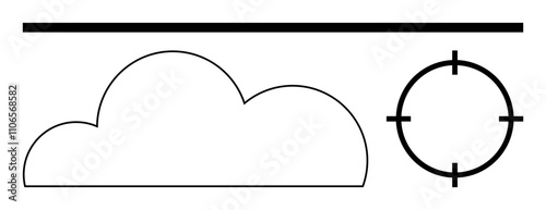 Cloud shape with target symbol and horizontal line. Ideal for data storage, security, networking, precision, connectivity, cloud services, digital strategy. Line metaphor