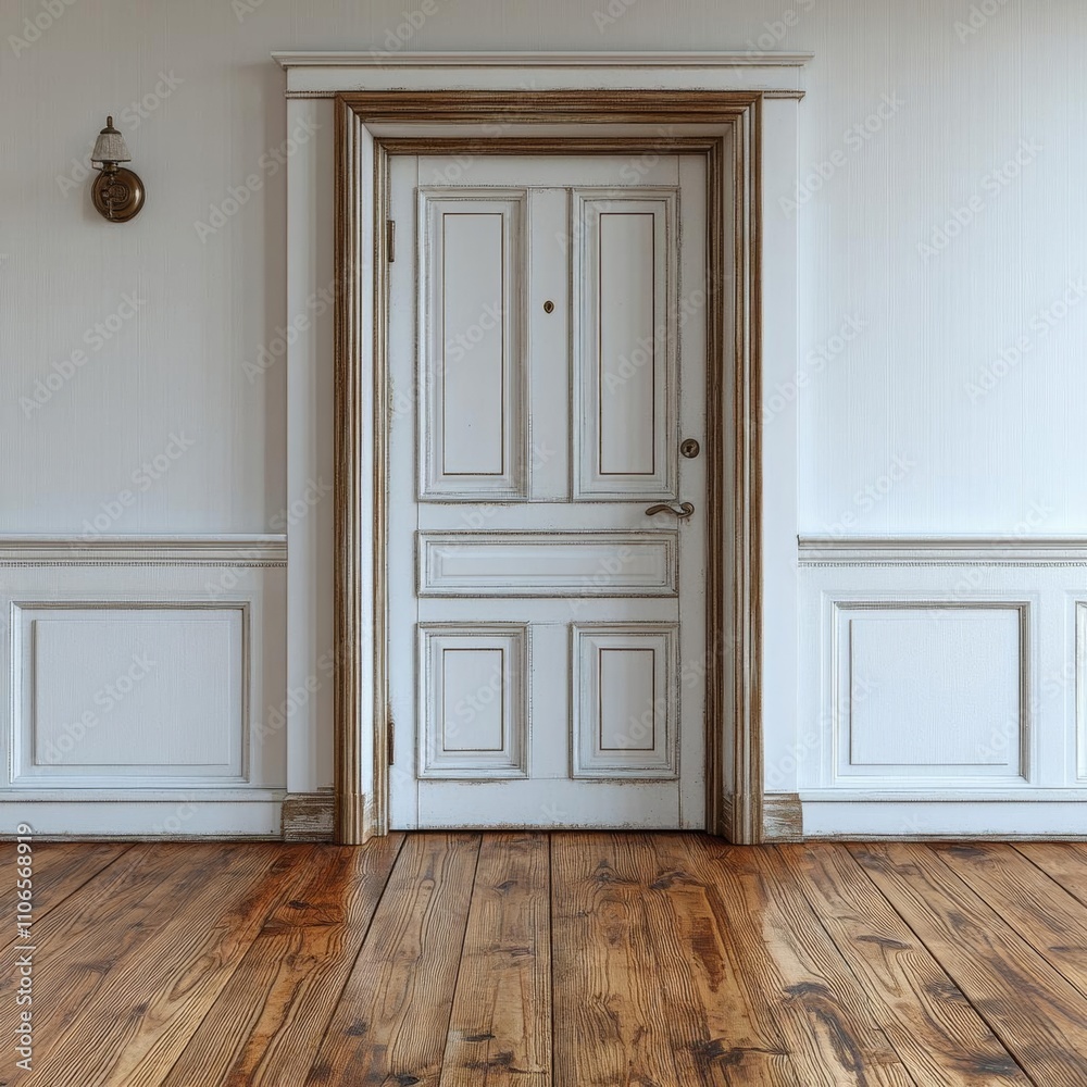 photostock of White empty room mockup with brown curtain, white door and wood floor. 3D illustration. , isolated on white background photostock of White empty room mockup with brown curtain, white door and wood floor. 3D illustration. , isolated on white background