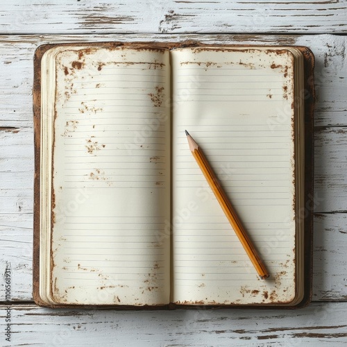 photostock of Top view of an open notebook with pencil on white wooden desk , isolated on white background photo