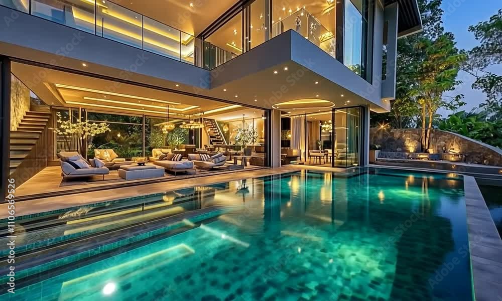 Modern villa with a pool, showcasing luxurious outdoor living and elegant architecture. Modern villa with a pool, showcasing luxurious outdoor living and elegant architecture.
