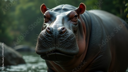 A powerful close-up of a hippopotamus, showcasing its iconic features like the large mouth and sharp teeth, emphasizing its strength and presence. photo