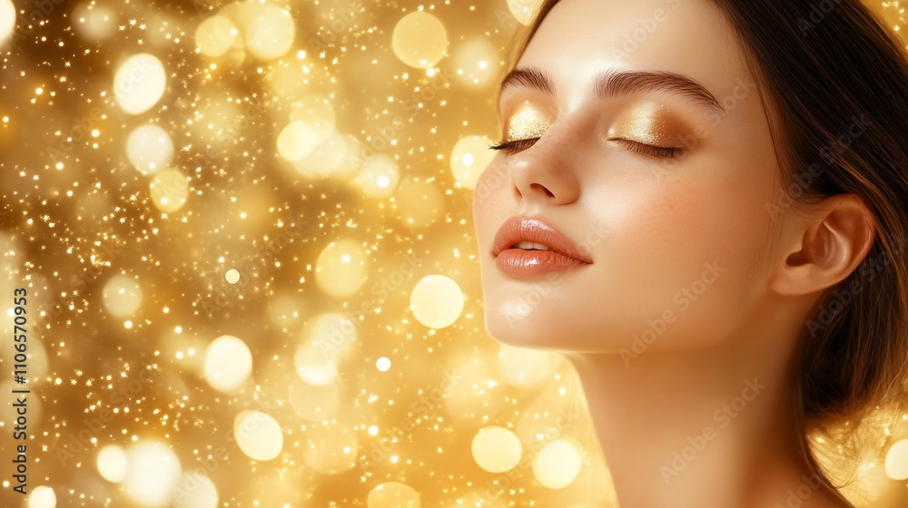 Serene woman with golden makeup and glowing skin against a bokeh background. Serene woman with golden makeup and glowing skin against a bokeh background.