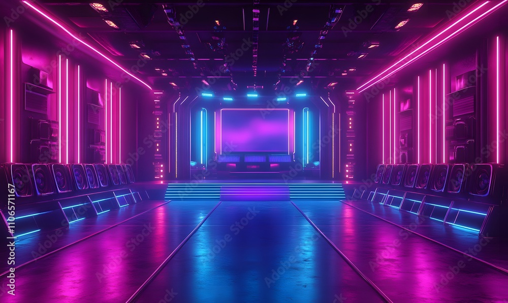A 3D rendering of a vibrant synthwave club with neon purple and blue lights A 3D rendering of a vibrant synthwave club with neon purple and blue lights