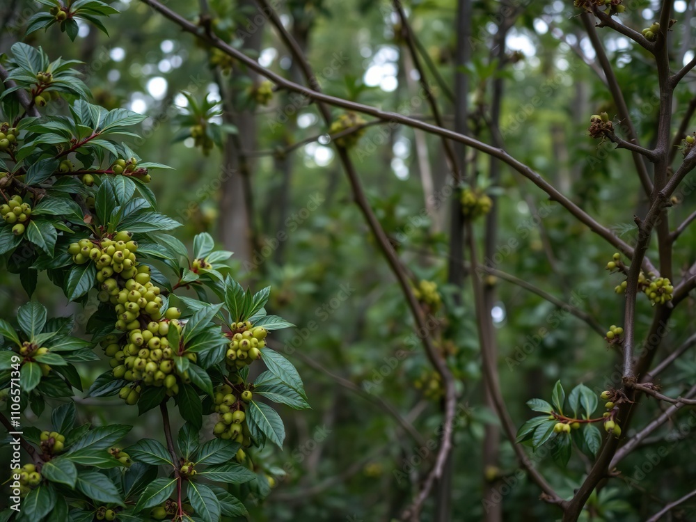Forest foliage with green berries on a brown tree, branches, outdoor, autumn Forest foliage with green berries on a brown tree, branches, outdoor, autumn