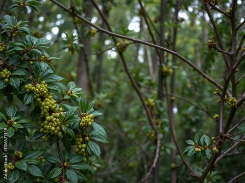 Forest foliage with green berries on a brown tree, branches, outdoor, autumn